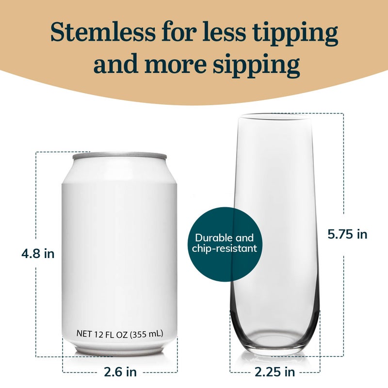 Libbey 228 Stemless Champagne Flutes Glass Set of 12, Elegant 8.5 Oz Flute Glasses for Champagne, Clear Fluted Glassware - Image 3